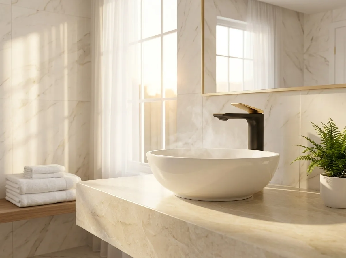 Luxury bathroom with Jaquar black and gold basin mixer, designer wash basin and premium sanitaryware from Mahalaxmi Ceramics, Kothrud, Pune
