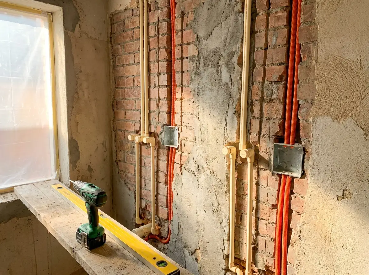 Construction plumbing and electrical first-fix in Pune — CPVC pipes, conduits and switch boxes supplied by Mahalaxmi Hardware & Electricals