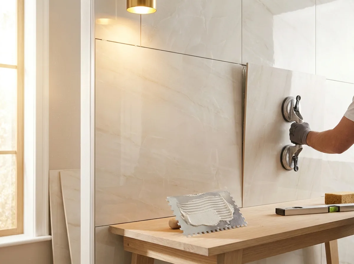 Premium wall tiling with large-format tiles and Roff adhesives — surface finishing materials from Mahalaxmi Group, Kothrud, Pune
