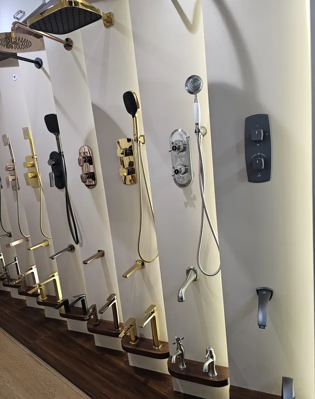 Jaquar shower and mixer sets in gold, blush gold, black matt, graphite and chrome finishes at Mahalaxmi Ceramics