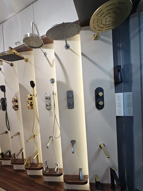 Jaquar thermostatic shower sets with rain showers on display at Mahalaxmi Ceramics, Kothrud