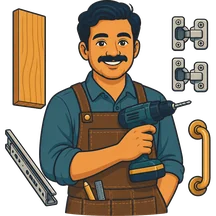 Cartoon carpenter with power drill and cabinet hardware