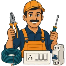 Cartoon electrician with pliers, wire and switchboard