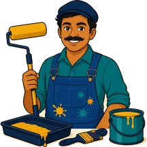 Cartoon painter with roller, tray and paint tin