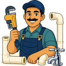 Cartoon plumber with pipe wrench and CPVC pipes