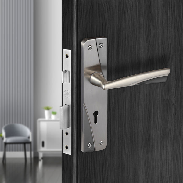Yale mortise lever handle lockset in satin steel finish for main doors